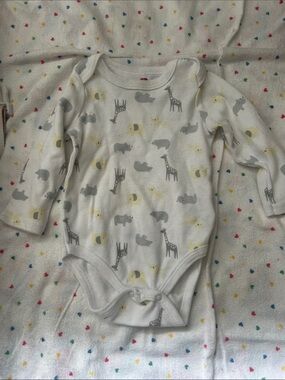Long-Sleeve Baby One-Piece with Gray Safari Animals and Yellow Accents